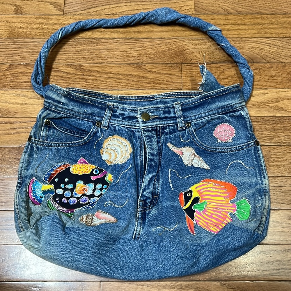 90s Lucky Star Tropical Fish Denim Jean Bag Tote Vintage